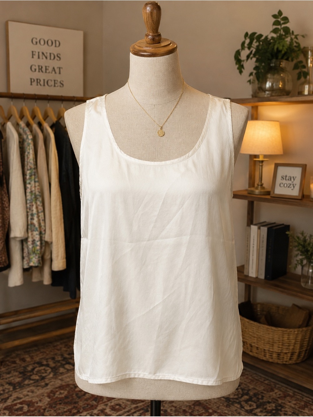 Silk Home 100% Silk Ivory Beige Off White Sleeveless Tank Top Blouse Size Large